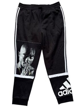 NWT Upcycled by Me: adidas Black Jogger Sweats White Stripes 2Pac Graphic